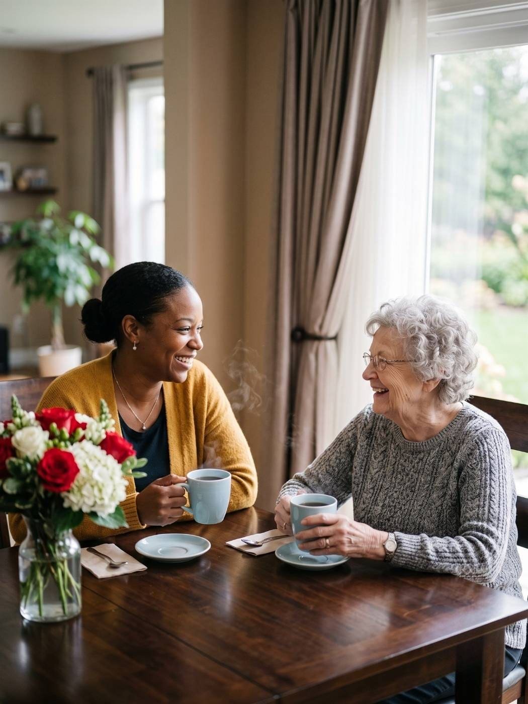 Caregiver and resident sharing a warm moment over tea — the heart of Angie Home Care AFC