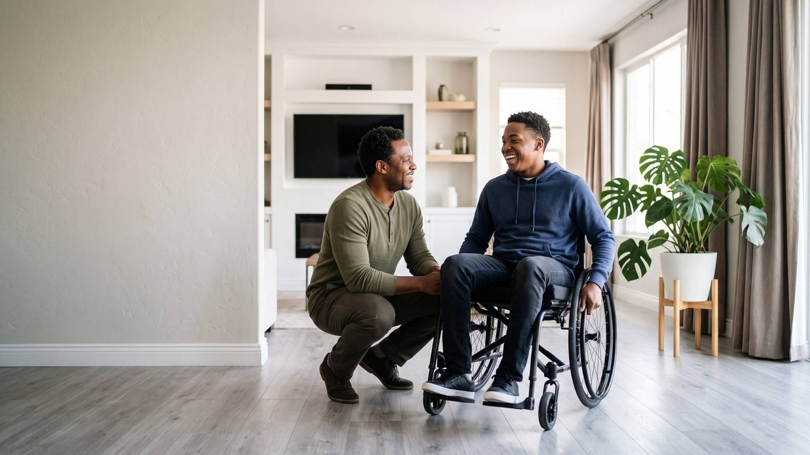 Caregiver supporting a young adult resident who uses a wheelchair at Angie Home Care AFC