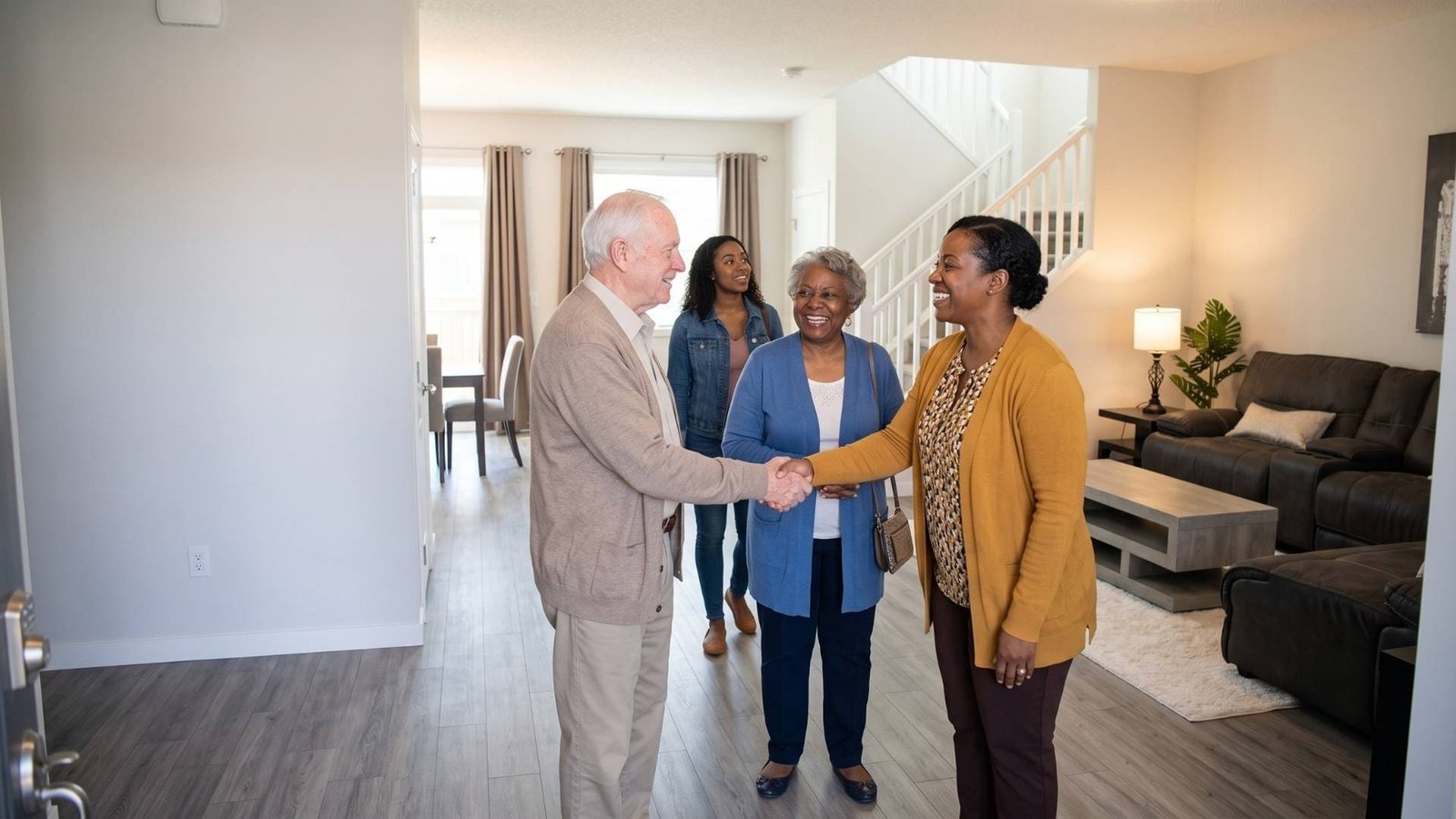 Welcoming a family at the front door of our live-in care home